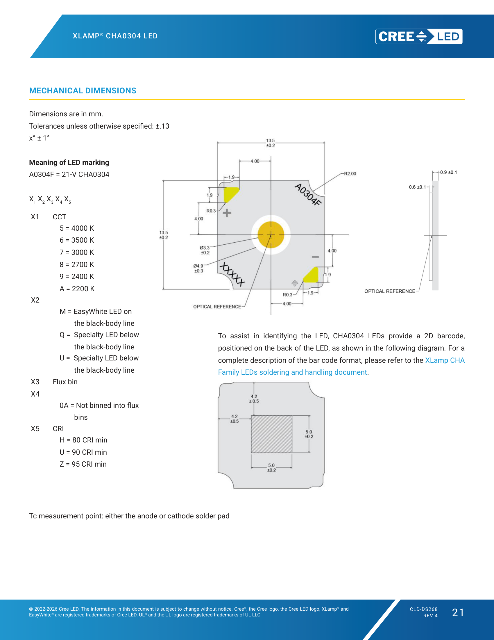 XLamp-CHA0304 Mechanical Dimensions