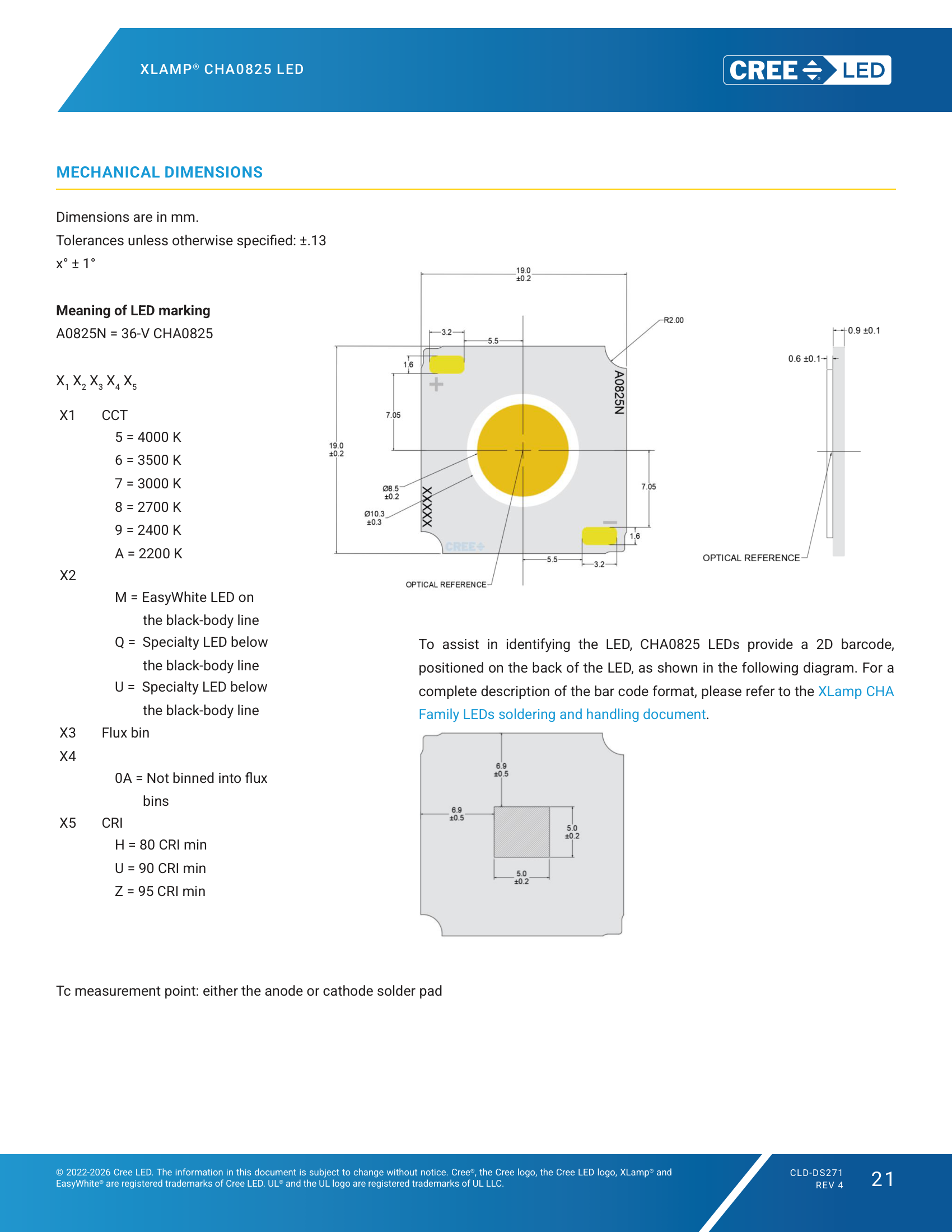 XLamp-CHA0825 Mechanical Dimensions