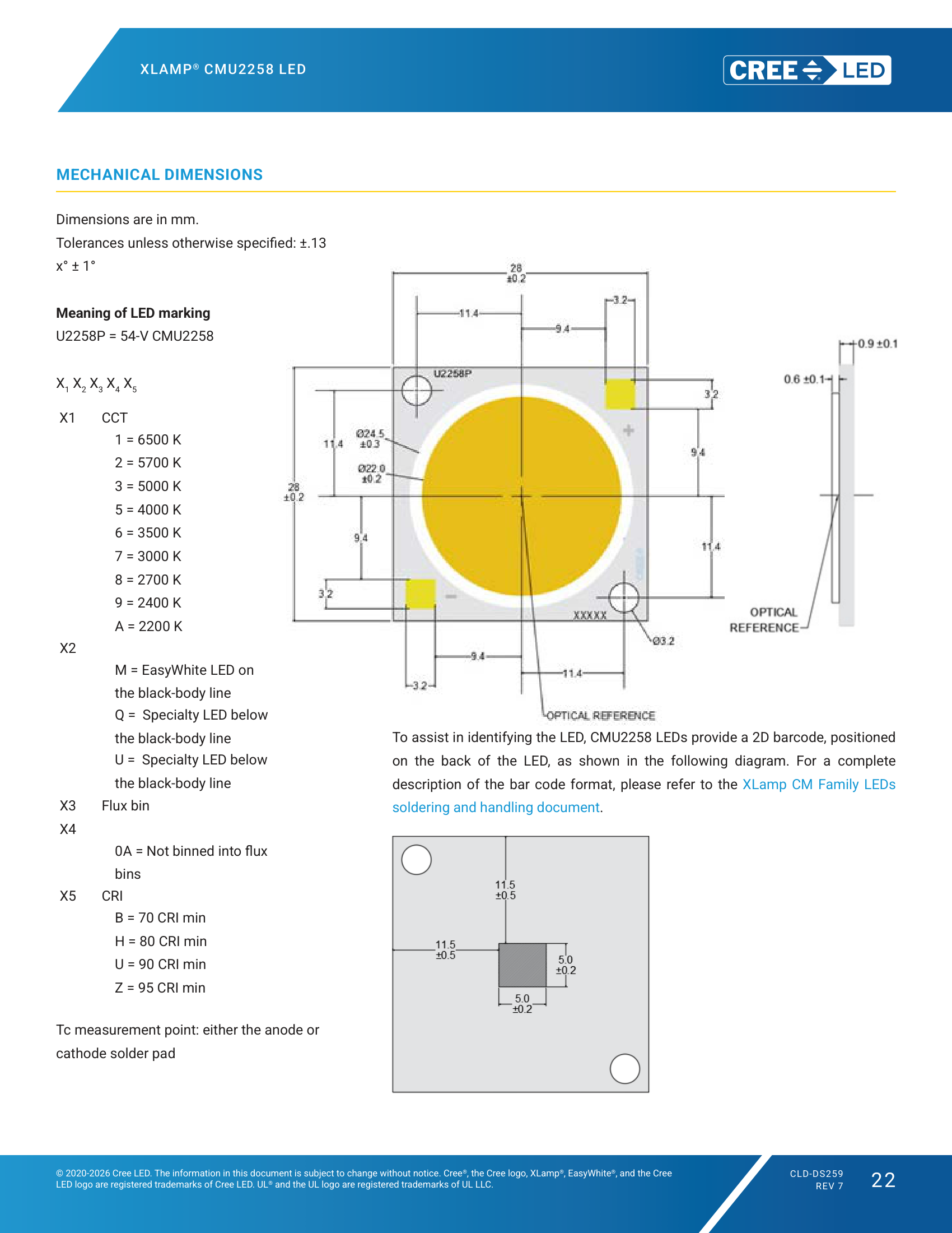 XLamp-CMU2258 Mechanical Dimensions