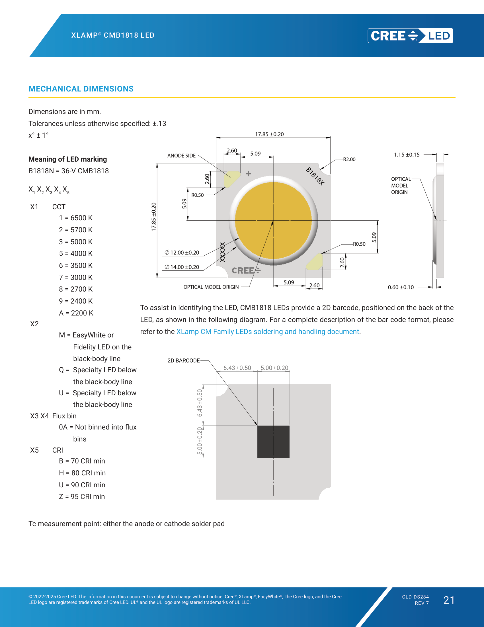 XLamp CMB1818 Mechanical Dimensions