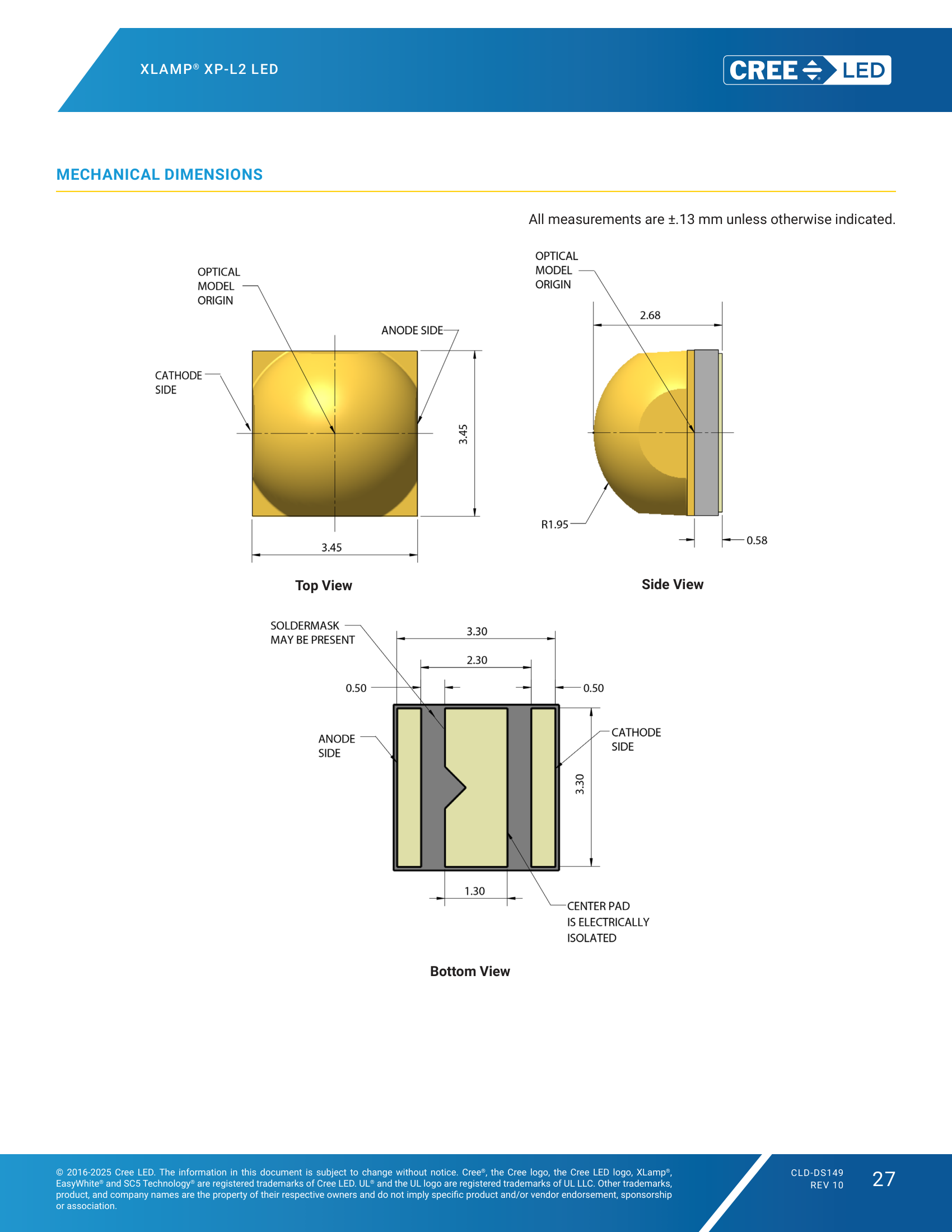 XLamp XPL2 Mechanical Dimensions